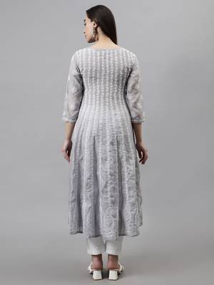 hand embroidered grey terivoil lucknowi chikan anarkali kurta 2