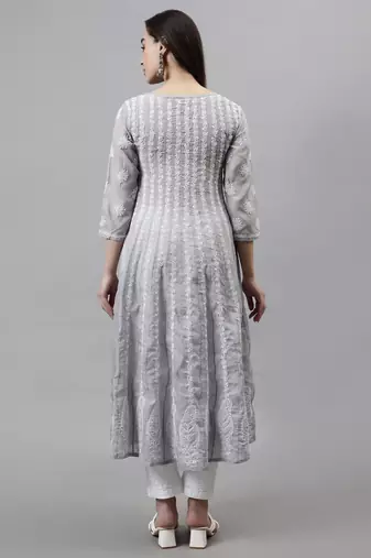 hand embroidered grey terivoil lucknowi chikan anarkali kurta