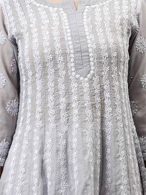 hand embroidered grey terivoil lucknowi chikan anarkali kurta 3