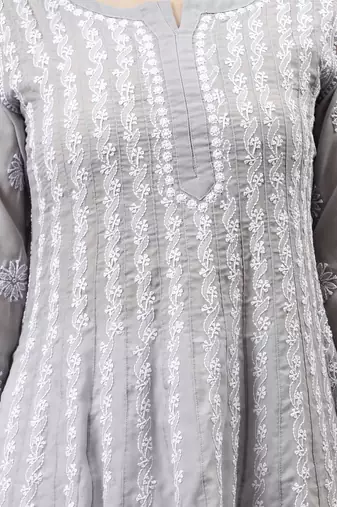 hand embroidered grey terivoil lucknowi chikan anarkali kurta