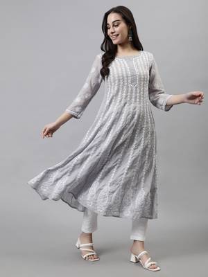 hand embroidered grey terivoil lucknowi chikan anarkali kurta 4