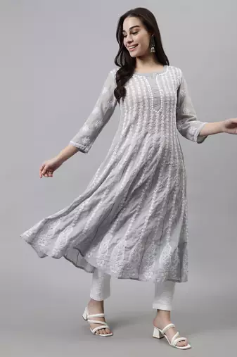 hand embroidered grey terivoil lucknowi chikan anarkali kurta
