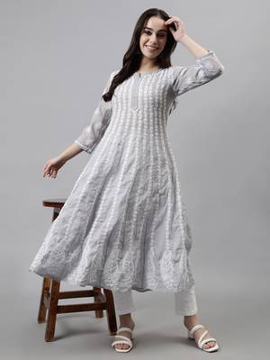hand embroidered grey terivoil lucknowi chikan anarkali kurta 5