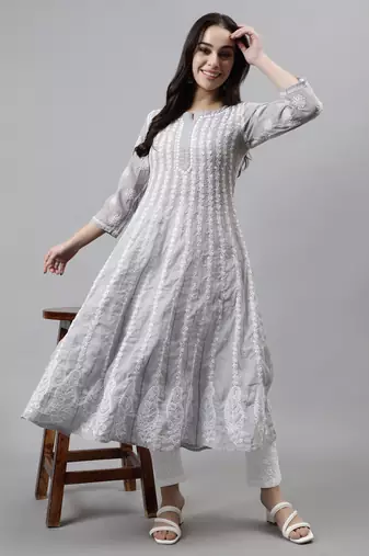 hand embroidered grey terivoil lucknowi chikan anarkali kurta
