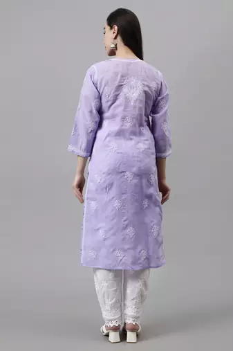 hand embroidered mauve terivoil lucknowi chikan kurta