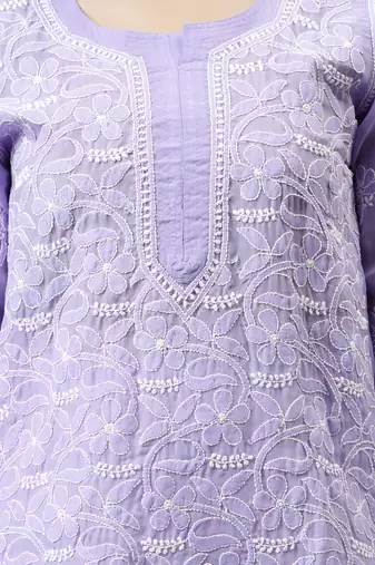 hand embroidered mauve terivoil lucknowi chikan kurta