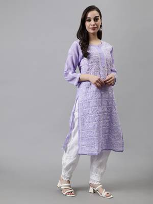 hand embroidered mauve terivoil lucknowi chikan kurta 4