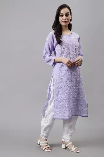 hand embroidered mauve terivoil lucknowi chikan kurta