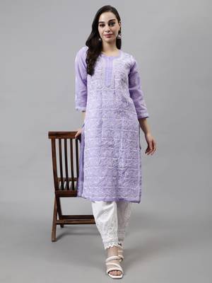 hand embroidered mauve terivoil lucknowi chikan kurta 5