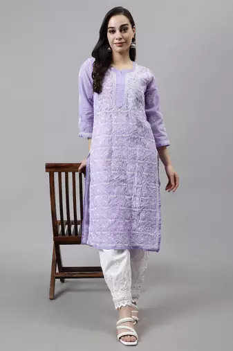 hand embroidered mauve terivoil lucknowi chikan kurta