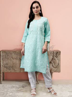 hand embroidered green terivoil lucknowi chikan kurta 1