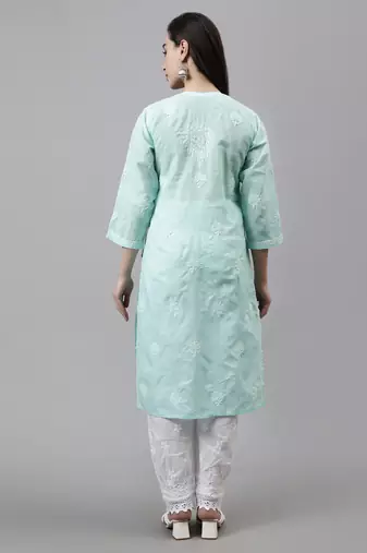 hand embroidered green terivoil lucknowi chikan kurta