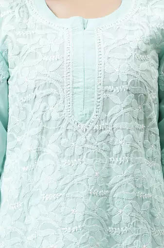 hand embroidered green terivoil lucknowi chikan kurta