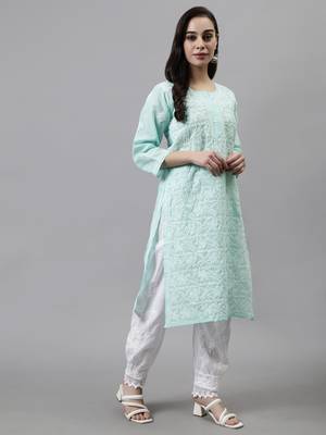hand embroidered green terivoil lucknowi chikan kurta 4