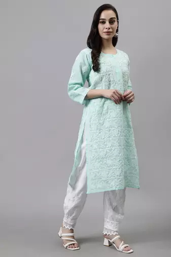 hand embroidered green terivoil lucknowi chikan kurta
