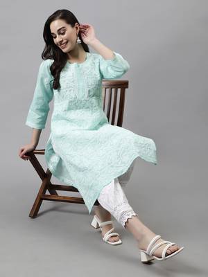 hand embroidered green terivoil lucknowi chikan kurta 5