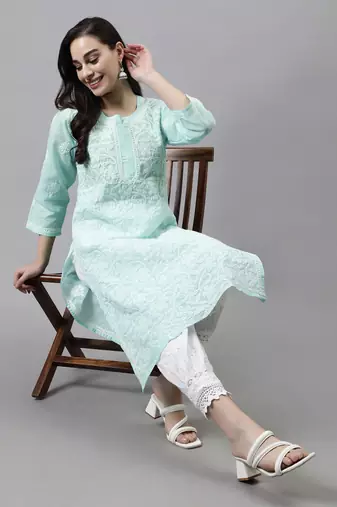 hand embroidered green terivoil lucknowi chikan kurta