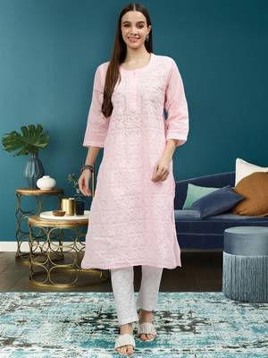 hand embroidered pink terivoil lucknowi chikan kurta 1