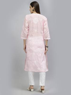 hand embroidered pink terivoil lucknowi chikan kurta 2