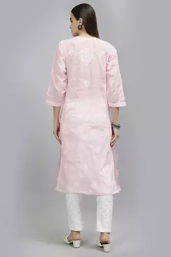 hand embroidered pink terivoil lucknowi chikan kurta