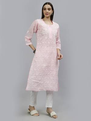 hand embroidered pink terivoil lucknowi chikan kurta 3