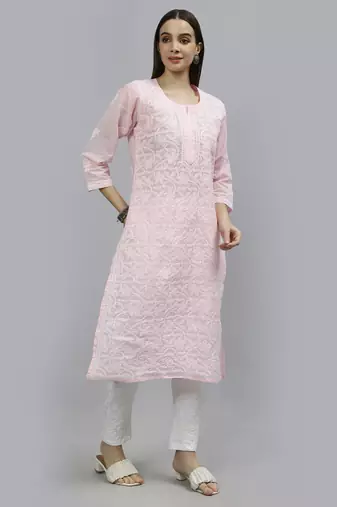 hand embroidered pink terivoil lucknowi chikan kurta