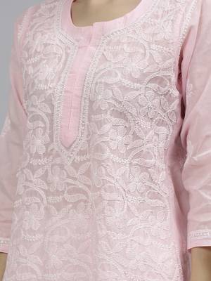 hand embroidered pink terivoil lucknowi chikan kurta 4