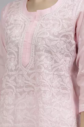 hand embroidered pink terivoil lucknowi chikan kurta