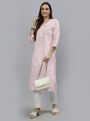 hand embroidered pink terivoil lucknowi chikan kurta 5