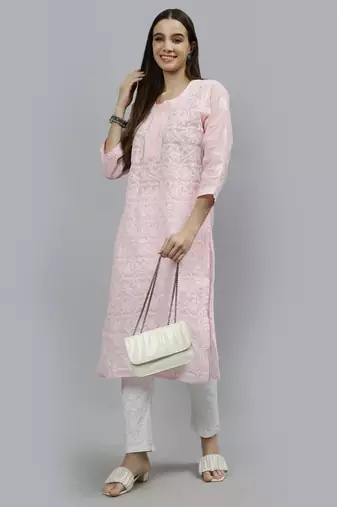 hand embroidered pink terivoil lucknowi chikan kurta