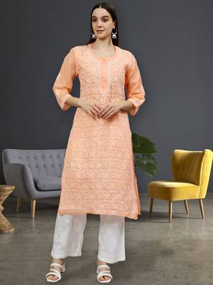 hand embroidered apricot peach terivoil lucknowi chikan kurta 1