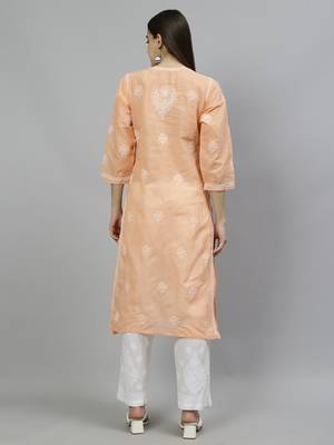 hand embroidered apricot peach terivoil lucknowi chikan kurta 2