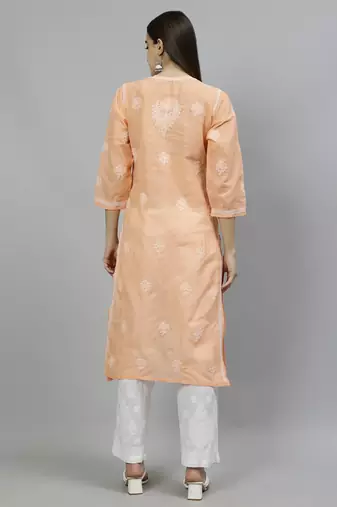 hand embroidered apricot peach terivoil lucknowi chikan kurta
