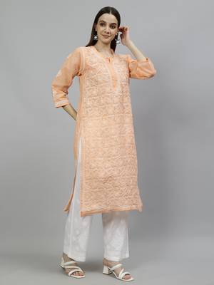 hand embroidered apricot peach terivoil lucknowi chikan kurta 3