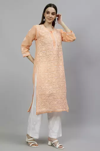hand embroidered apricot peach terivoil lucknowi chikan kurta