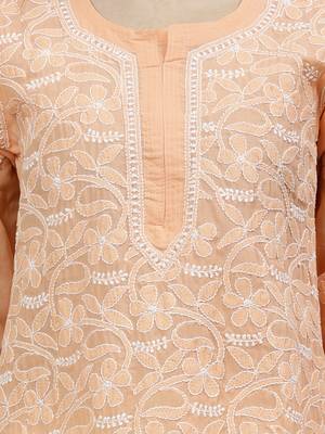 hand embroidered apricot peach terivoil lucknowi chikan kurta 4