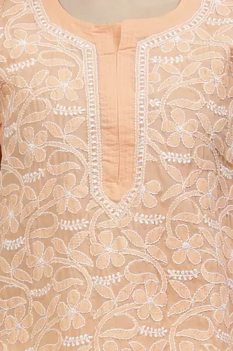 hand embroidered apricot peach terivoil lucknowi chikan kurta