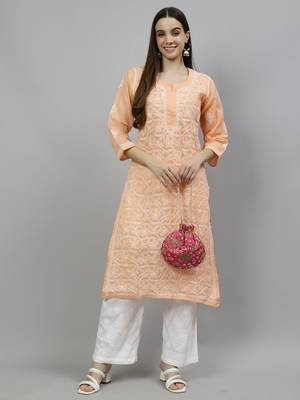 hand embroidered apricot peach terivoil lucknowi chikan kurta 5