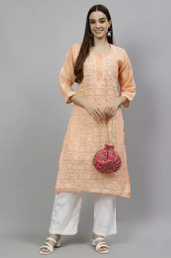 hand embroidered apricot peach terivoil lucknowi chikan kurta