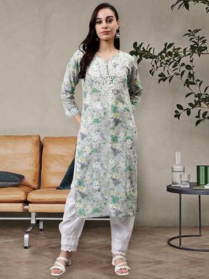 hand embroidered grey cotton lucknowi chikan kurta 1
