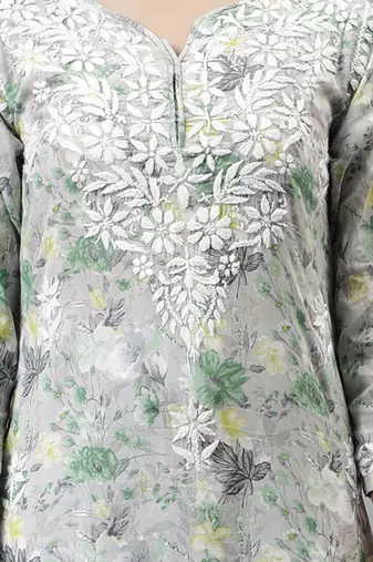 hand embroidered grey cotton lucknowi chikan kurta