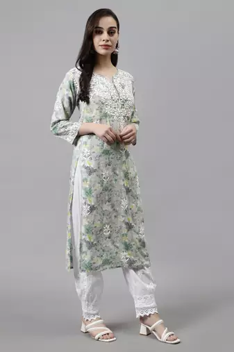 hand embroidered grey cotton lucknowi chikan kurta