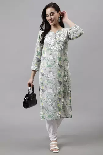 hand embroidered grey cotton lucknowi chikan kurta