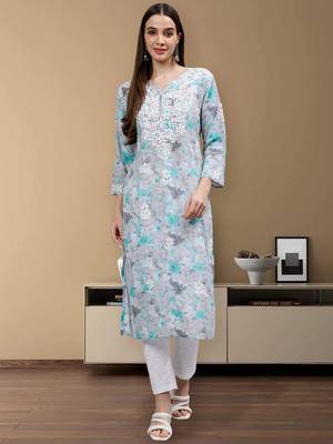 hand embroidered grey cotton lucknowi chikan kurta 1