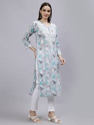 hand embroidered grey cotton lucknowi chikan kurta 3