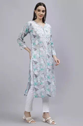 hand embroidered grey cotton lucknowi chikan kurta