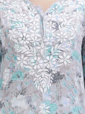 hand embroidered grey cotton lucknowi chikan kurta 4