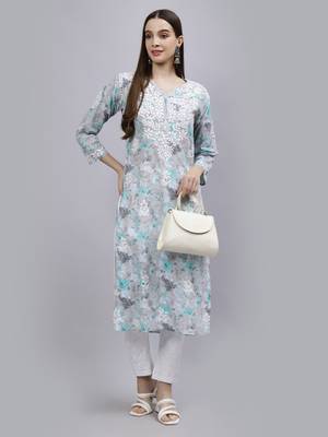 hand embroidered grey cotton lucknowi chikan kurta 5