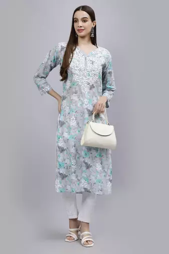 hand embroidered grey cotton lucknowi chikan kurta