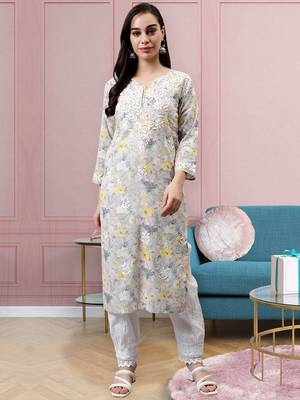 hand embroidered grey cotton lucknowi chikan kurta 1